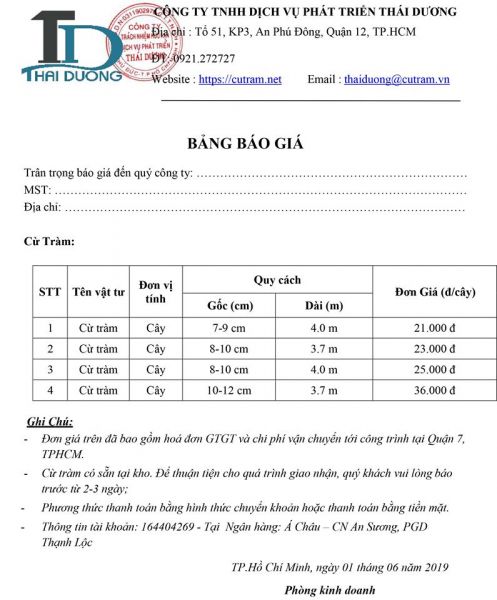 bảng báo giá cừ tràm