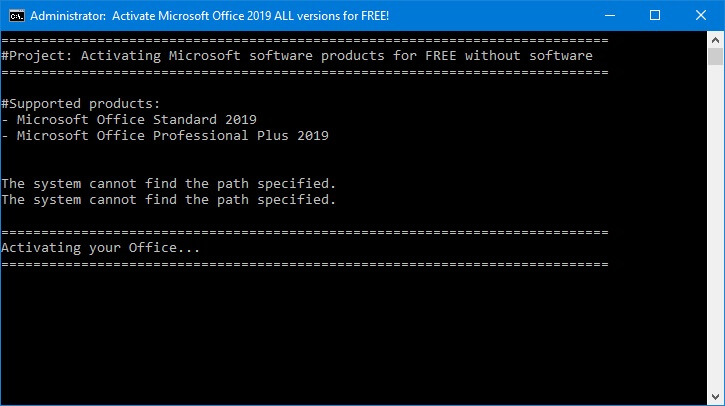 Chương trình tiến hành kích hoạt Office 2019